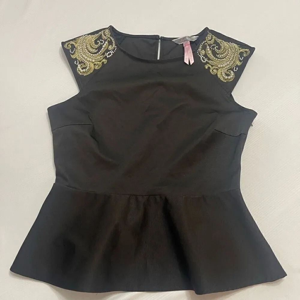 Lipsy London Black Faux Pearl Peplum Top Blouse Size 10